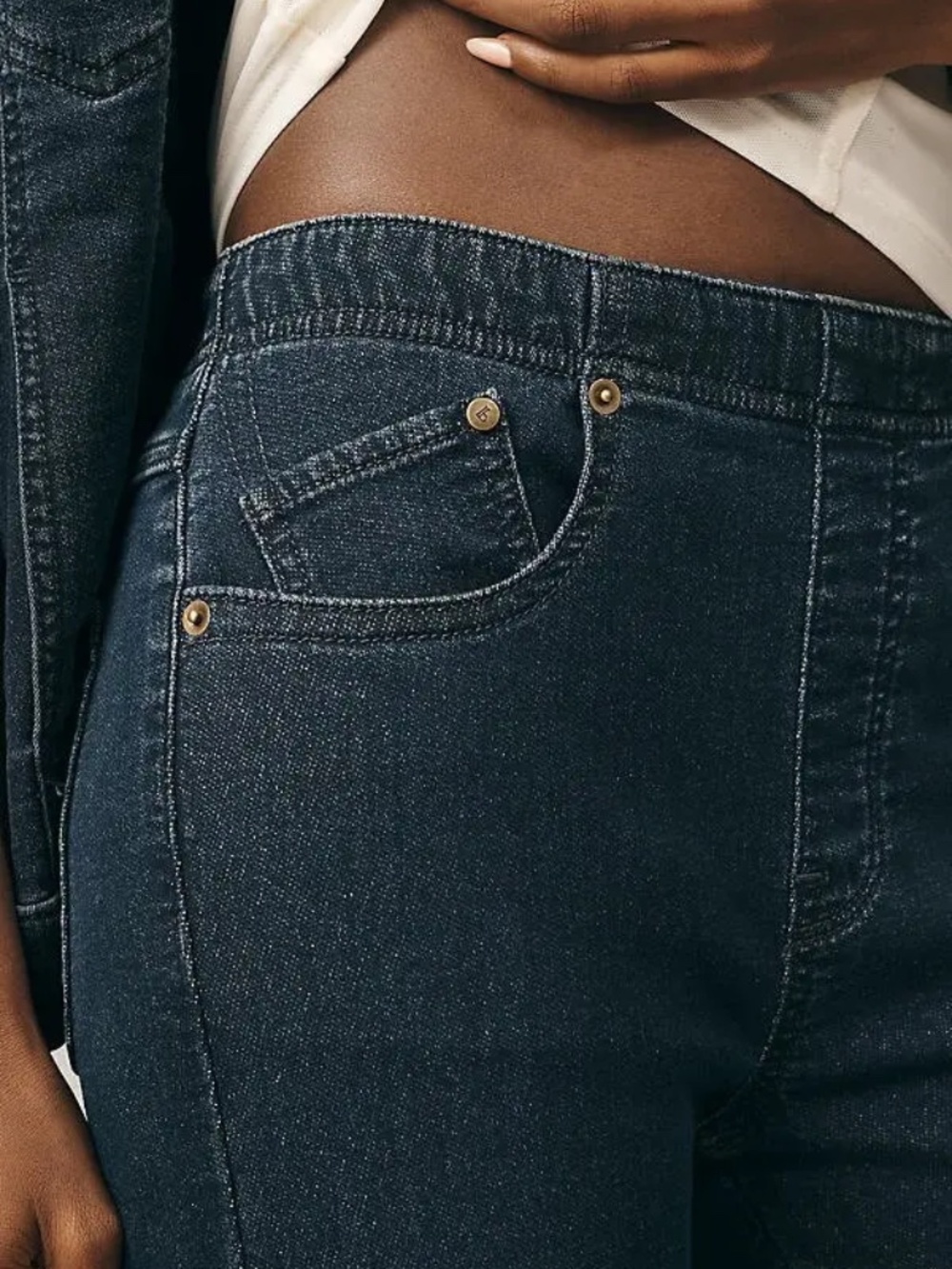 Anthropologie Pilcro Essential Low-Rise Pull-On Knit Flare Jeans in Dark Denim - Picture 3 of 5